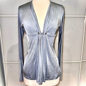 Just Cavalli Soft Silvery Blue Gathered V-Neck Top